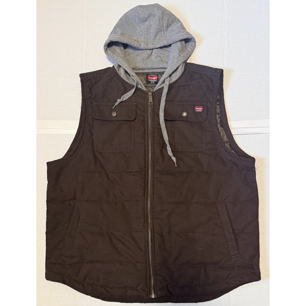 WRANGLER Workwear - Men's Vest - Brown Canvas Hooded Quilt Lined Full Zip - 2XL